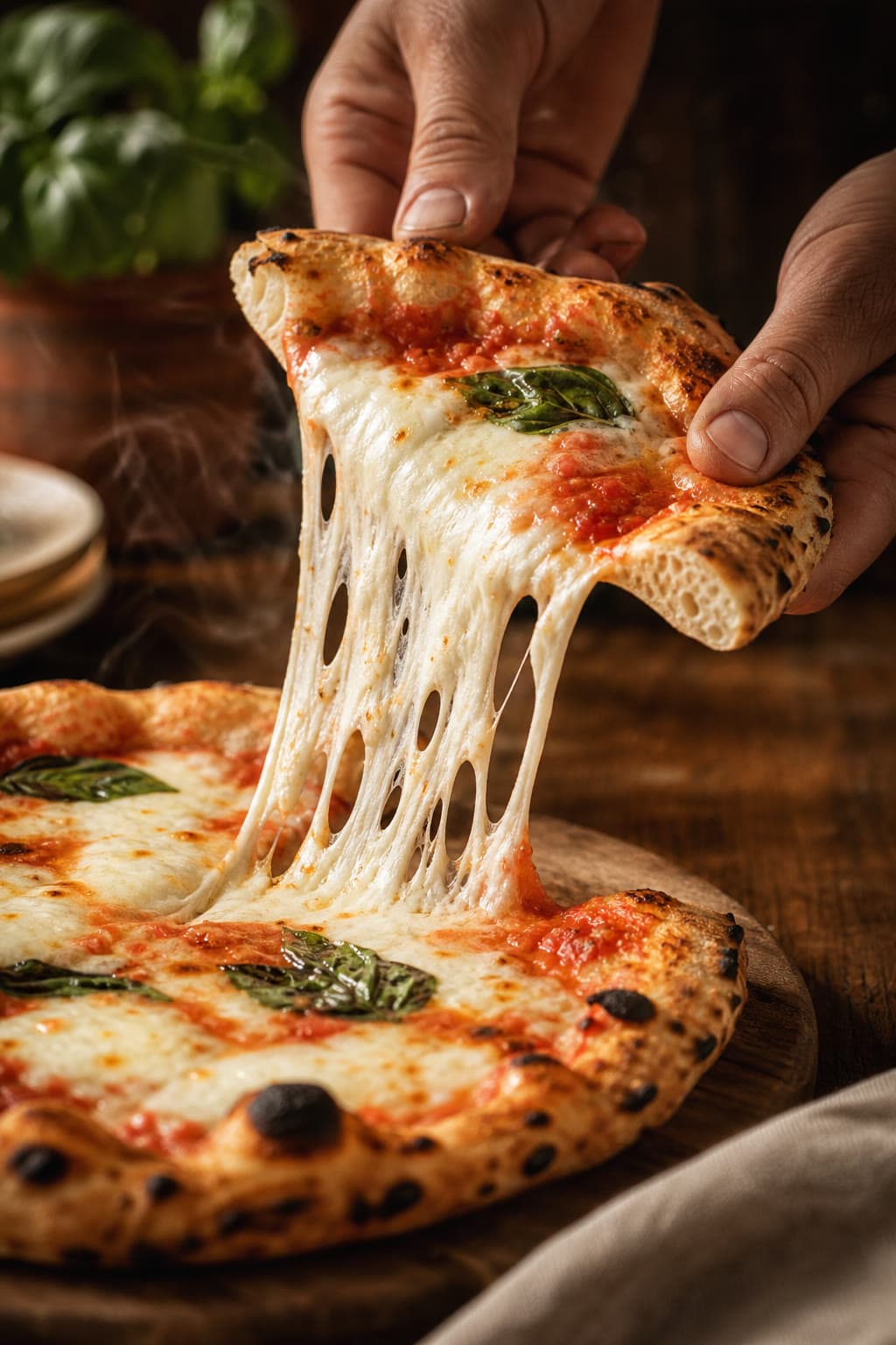 Pizza maison, mozzarella filante tout juste sortie du four