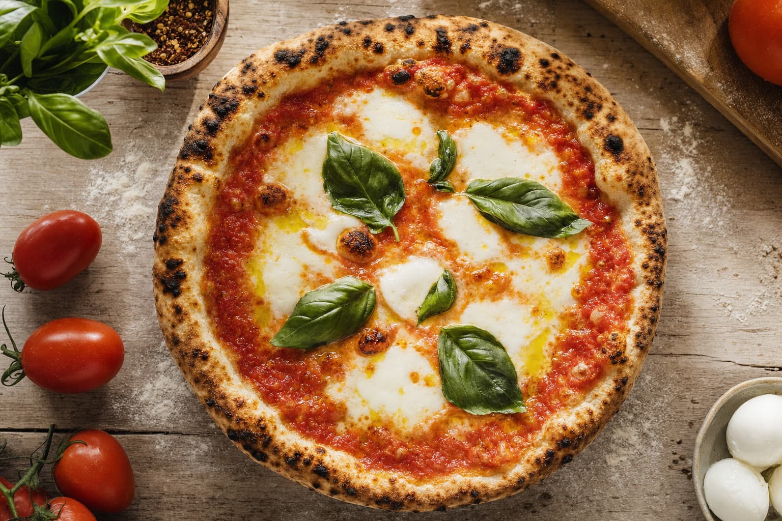 Pizza margherita maison, mozzarella et basilic frais