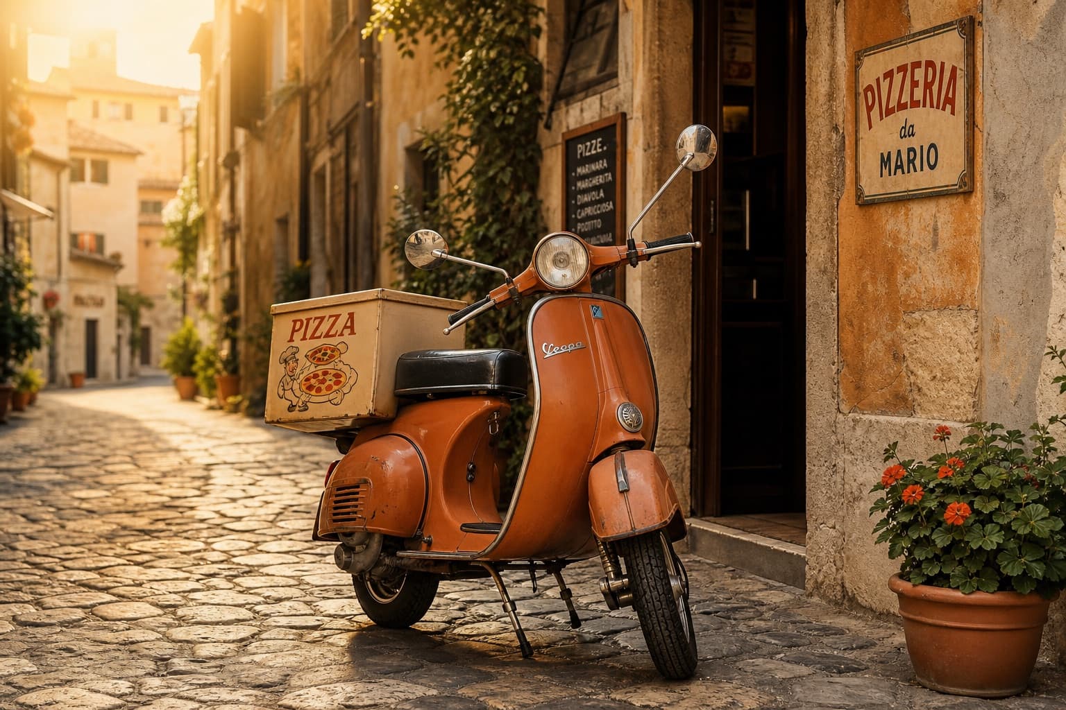 Vespa de livraison italienne avec sa boîte à pizza, ruelle ensoleillée